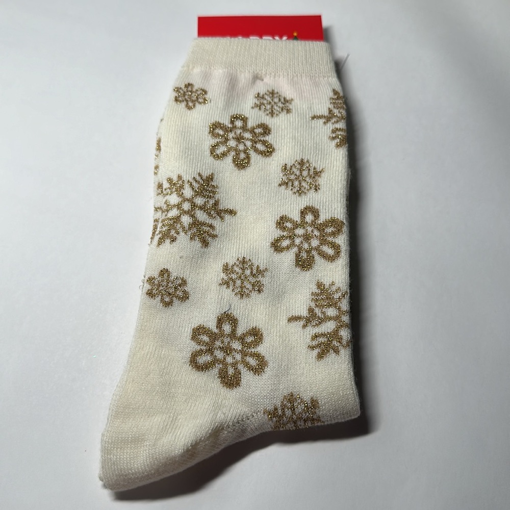 Happy Christmas Gold Snowflakes Crew Socks - #209 / Any 3 Pair $15